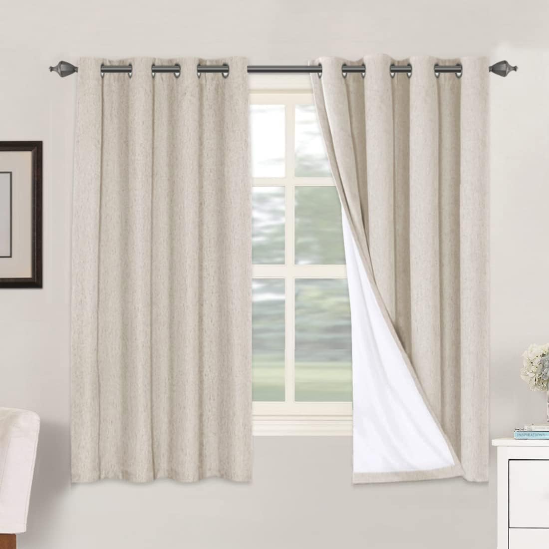 H.VERSAILTEX Blackout Curtains, Linen Curtains 108 inches Long 100% Black Out Curtains for Bedroom Windows, Textured Linen Look Draperies Grommet with White Liner, 2 Panels, Natural