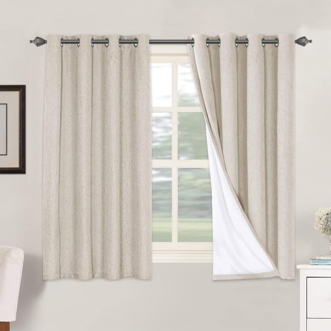 H.VERSAILTEX Blackout Curtains, Linen Curtains 108 inches Long 100% Black Out Curtains for Bedroom Windows, Textured Linen Look Draperies Grommet with White Liner, 2 Panels, Natural