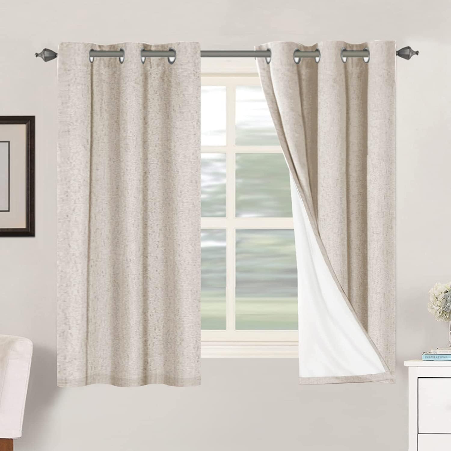 H.VERSAILTEX Blackout Curtains, Linen Curtains 108 inches Long 100% Black Out Curtains for Bedroom Windows, Textured Linen Look Draperies Grommet with White Liner, 2 Panels, Natural