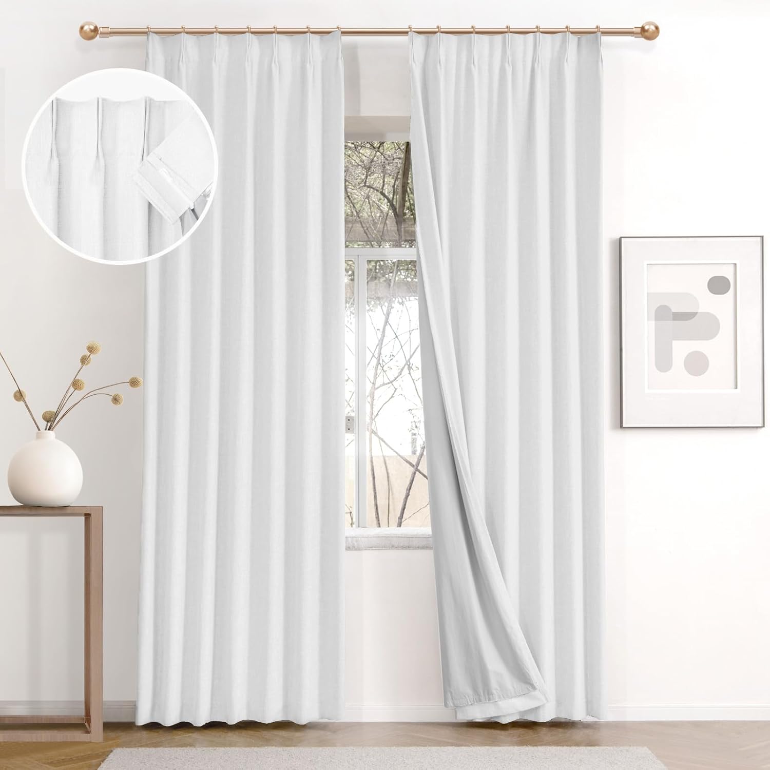 IVAPUPU Natural Pinch Pleated 100% Blackout Linen Curtains 90 Inch Length for Bedroom, Black Out Pinch Pleat Curtains for Living Dining Room Darkening Thermal Insulated Drapes with 16 Hooks, 2 Panels