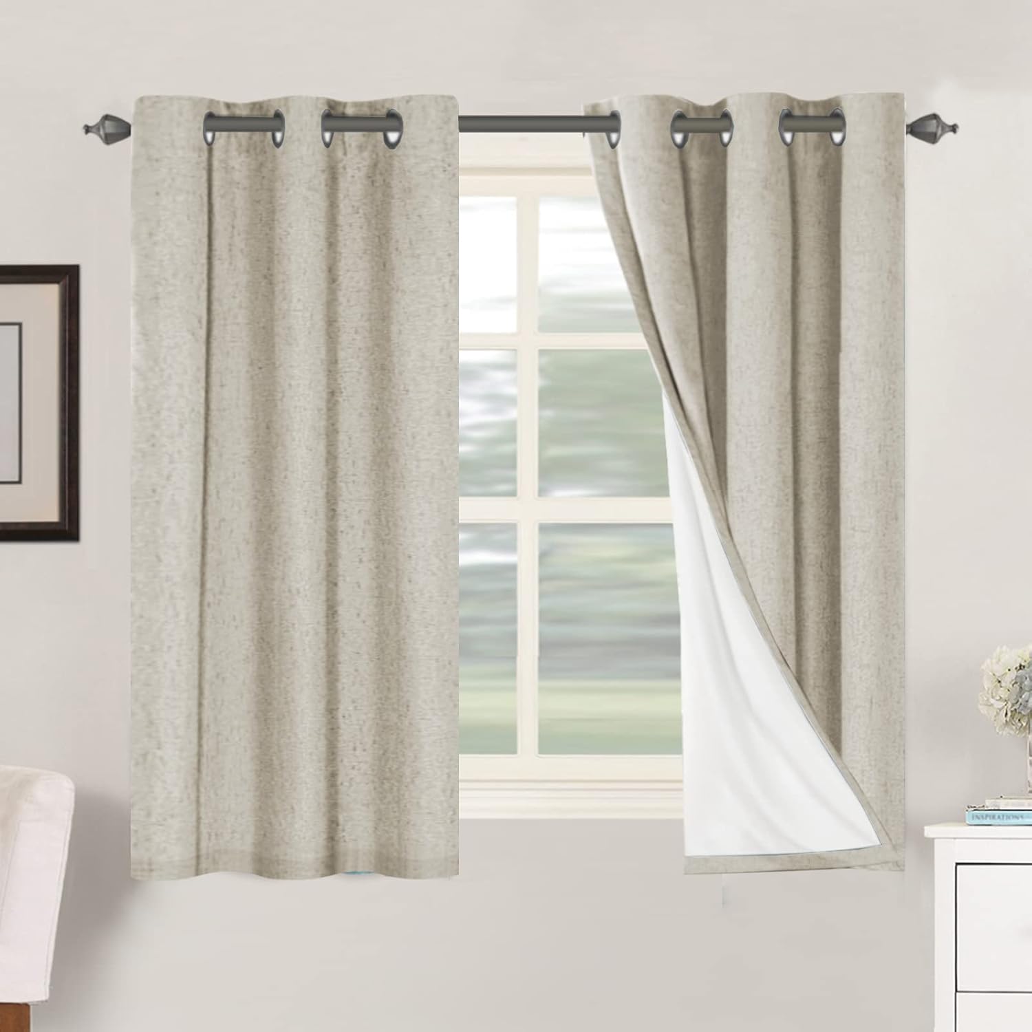 H.VERSAILTEX Blackout Curtains, Linen Curtains 108 inches Long 100% Black Out Curtains for Bedroom Windows, Textured Linen Look Draperies Grommet with White Liner, 2 Panels, Natural