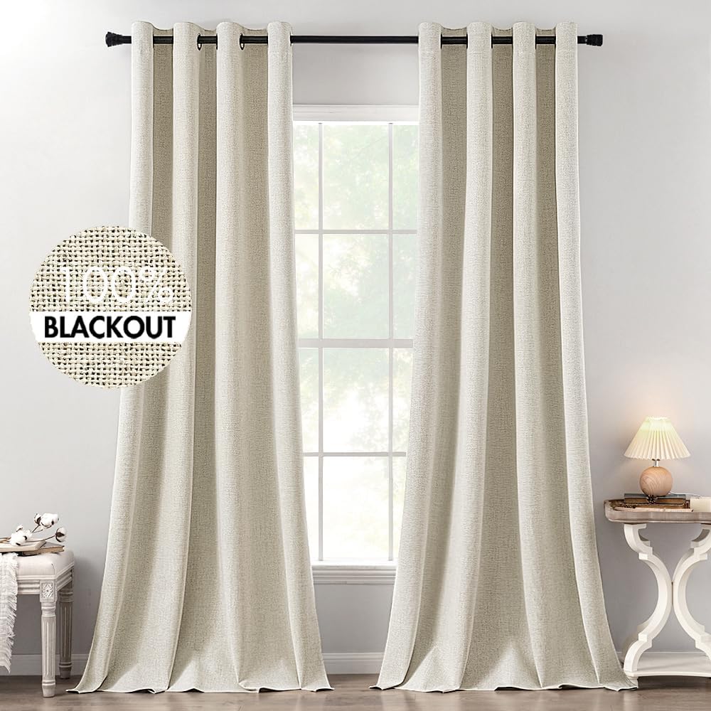 MIULEE 100% Blackout Linen Textured Curtains for Bedroom Solid Thermal Insulated Copper Brown Grommet Room Darkening Curtains & Drapes Luxury Decor for Living Room Nursery 52 x 84 Inch (2 Panels)
