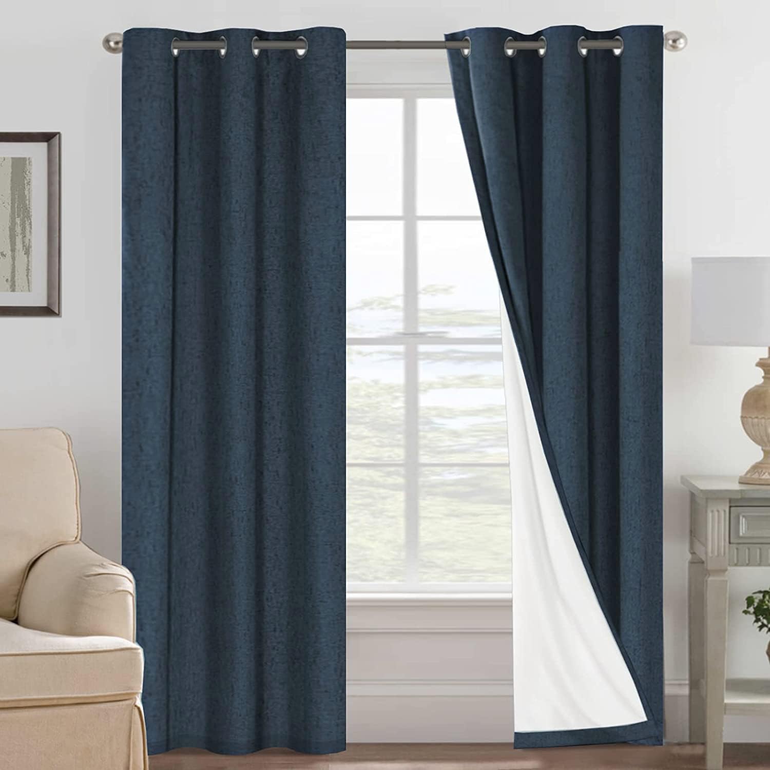 H.VERSAILTEX Blackout Curtains, Linen Curtains 108 inches Long 100% Black Out Curtains for Bedroom Windows, Textured Linen Look Draperies Grommet with White Liner, 2 Panels, Natural