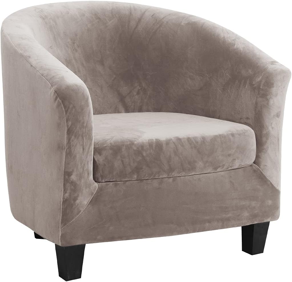 MIFXIN Tub Chair Slipcover 2-Piece Velvet Barrel Club Chair Covers with Cushion Cover Stretch Soft Washable Armchair Sofa Couch Furniture Protector for Living Room Hotel (Beige)