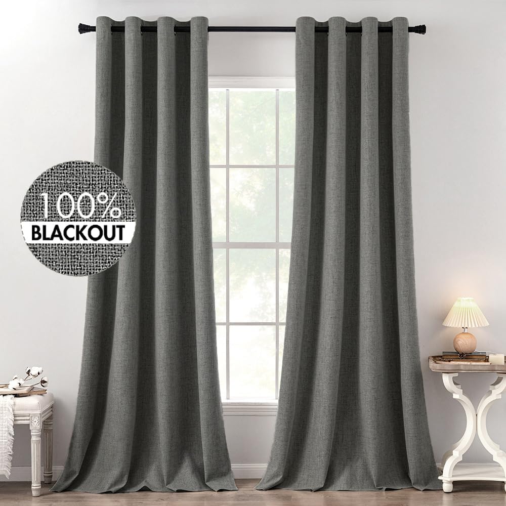 MIULEE 100% Blackout Linen Textured Curtains for Bedroom Solid Thermal Insulated Copper Brown Grommet Room Darkening Curtains & Drapes Luxury Decor for Living Room Nursery 52 x 84 Inch (2 Panels)
