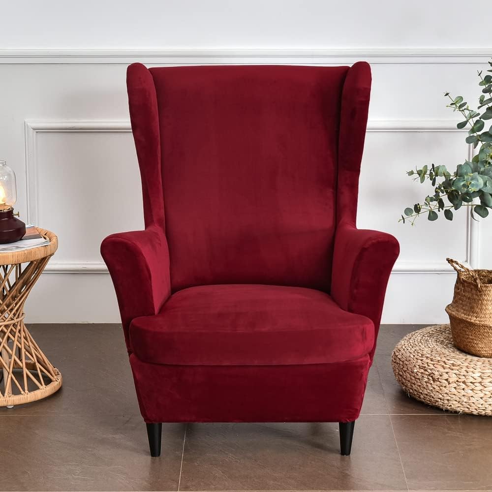 MIFXIN Wing Chair Slipcover 2 Piece Set Velvet Stretch Wingback Chair Cover with Cushion Cover Soft Washable Armchair Furniture Protector for Living Room Bedroom (Camel)