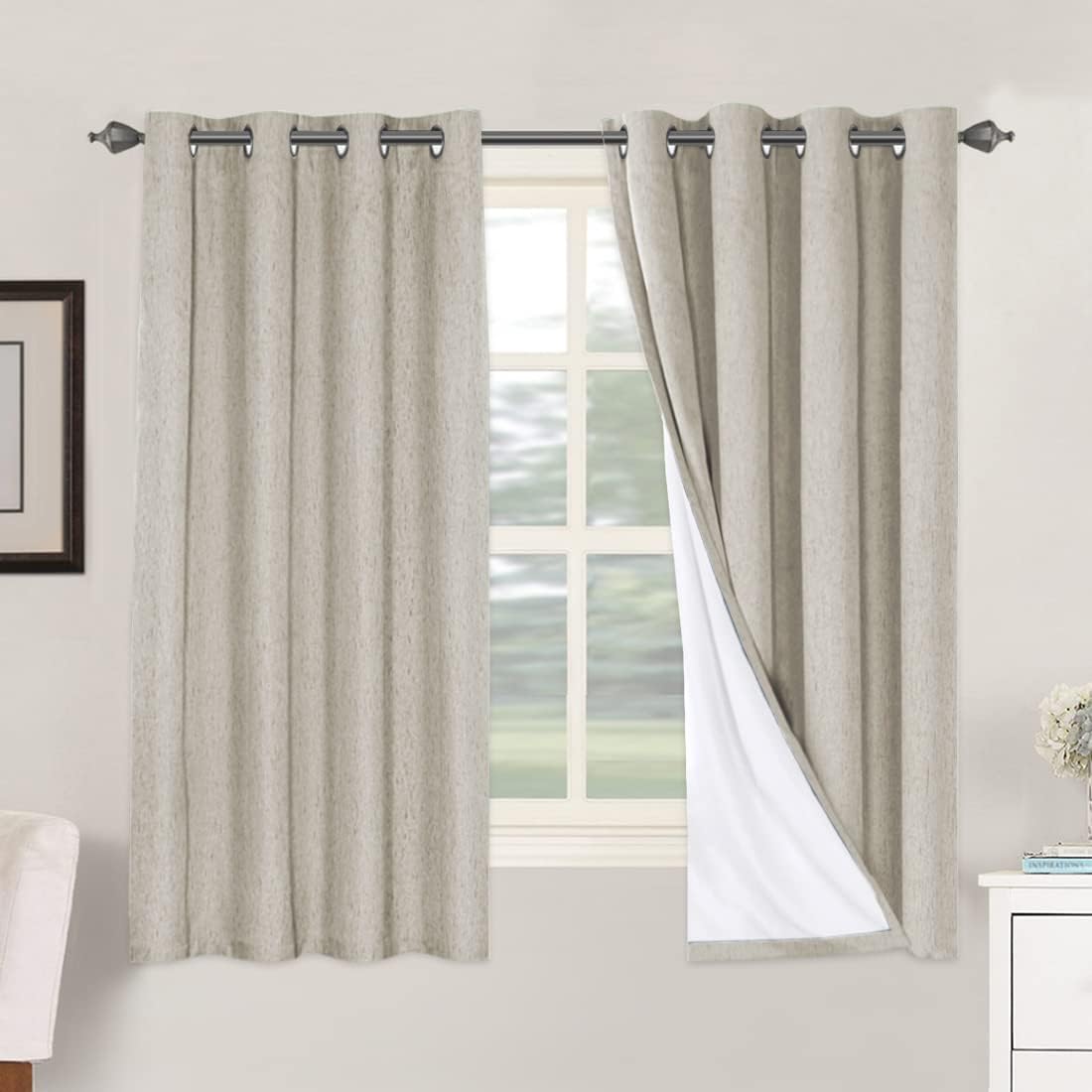 H.VERSAILTEX Blackout Curtains, Linen Curtains 108 inches Long 100% Black Out Curtains for Bedroom Windows, Textured Linen Look Draperies Grommet with White Liner, 2 Panels, Natural