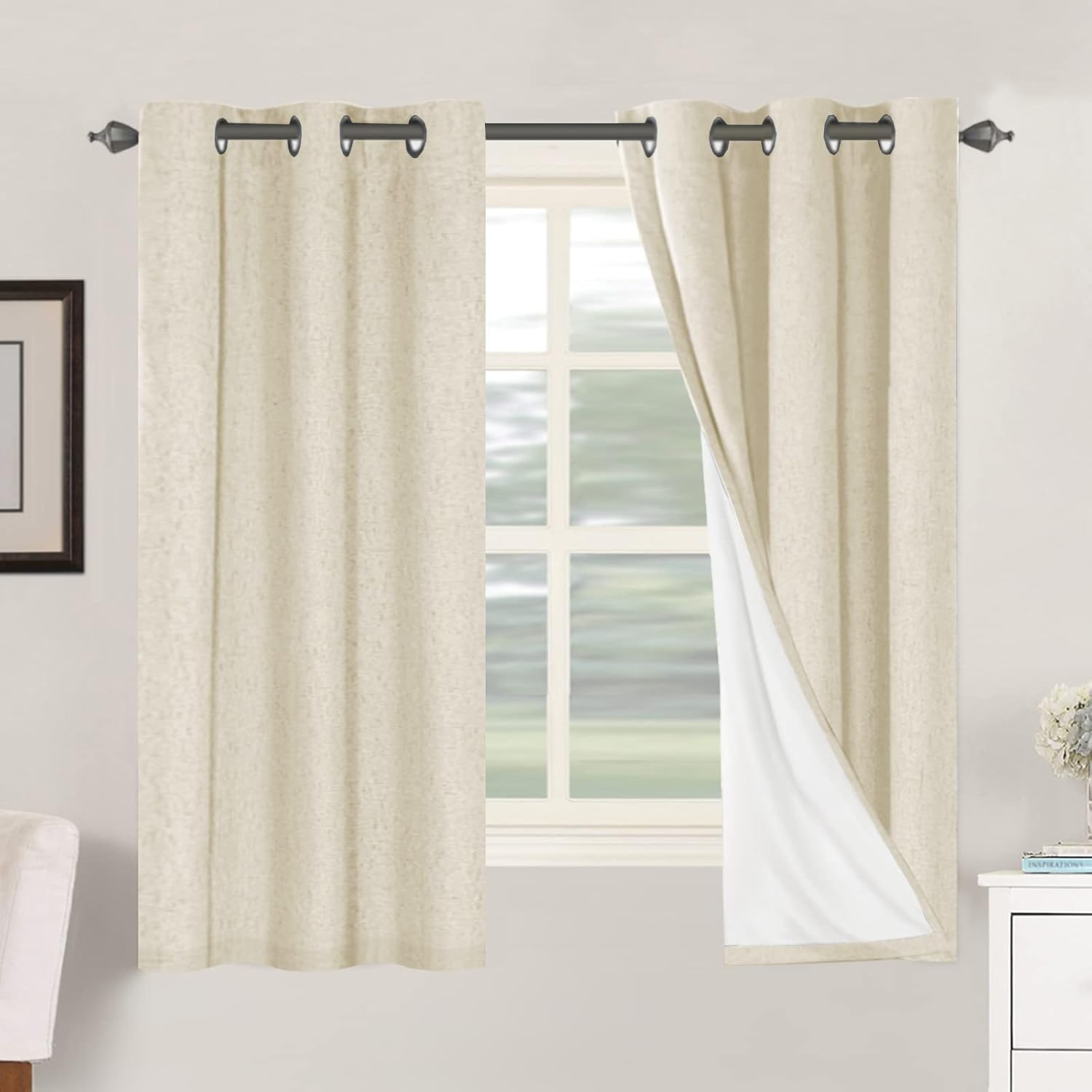 H.VERSAILTEX Blackout Curtains, Linen Curtains 108 inches Long 100% Black Out Curtains for Bedroom Windows, Textured Linen Look Draperies Grommet with White Liner, 2 Panels, Natural