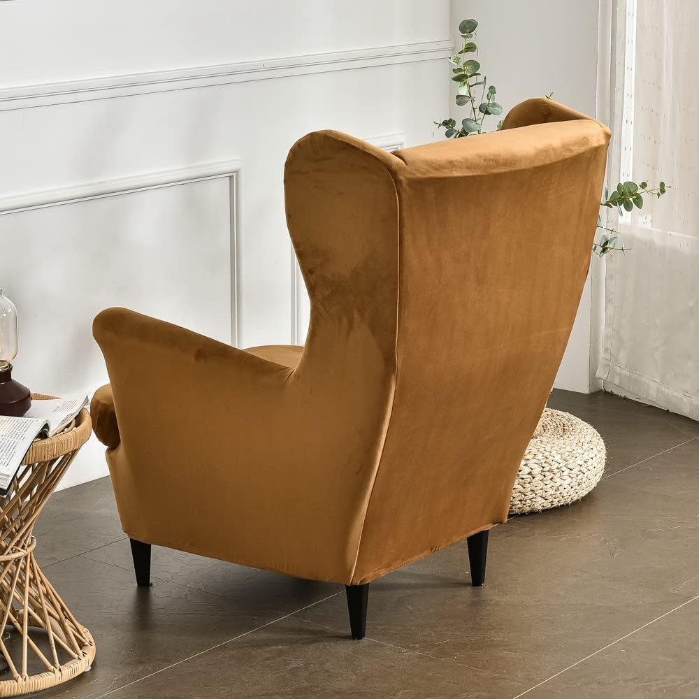 MIFXIN Wing Chair Slipcover 2 Piece Set Velvet Stretch Wingback Chair Cover with Cushion Cover Soft Washable Armchair Furniture Protector for Living Room Bedroom (Camel)