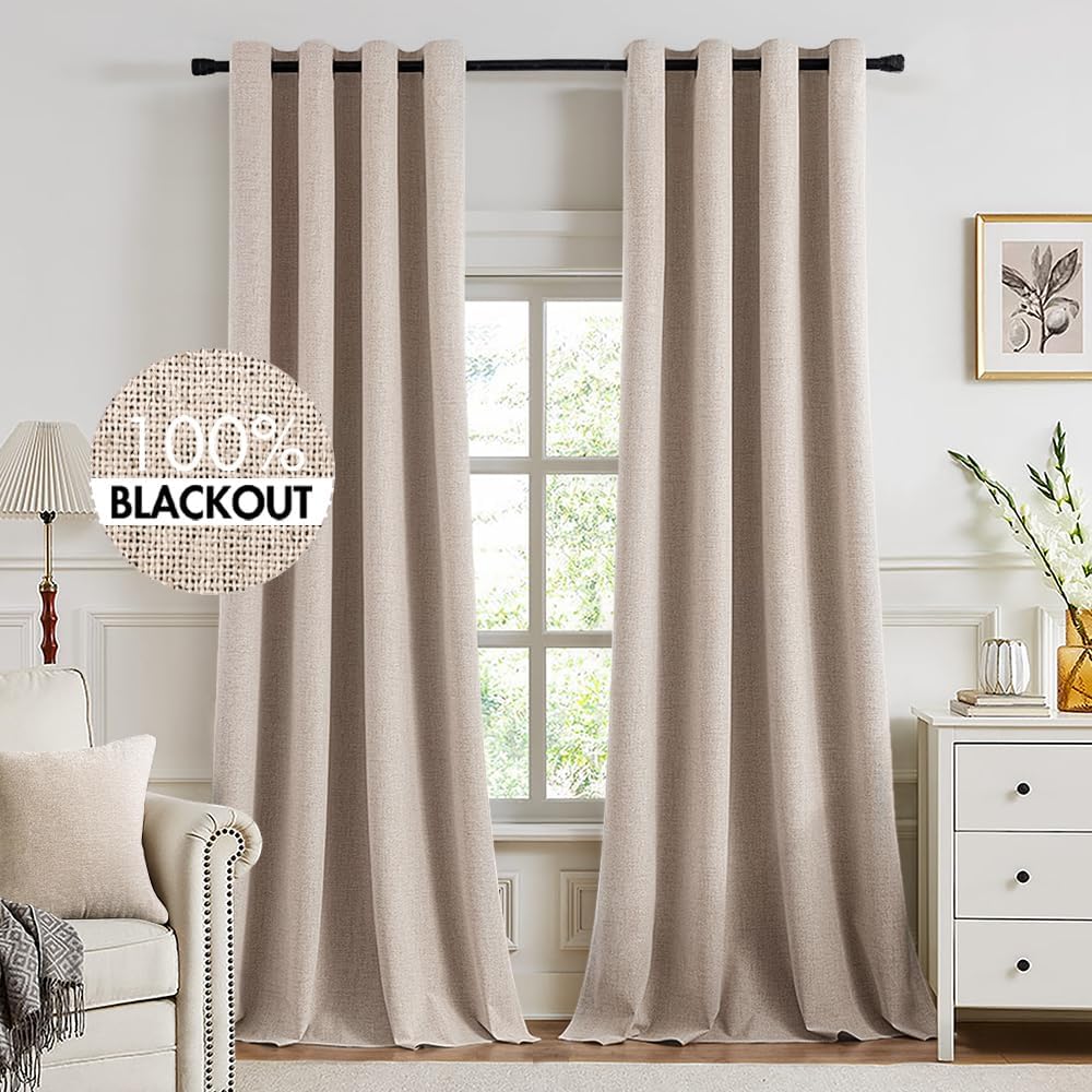 MIULEE 100% Blackout Linen Textured Curtains for Bedroom Solid Thermal Insulated Copper Brown Grommet Room Darkening Curtains & Drapes Luxury Decor for Living Room Nursery 52 x 84 Inch (2 Panels)