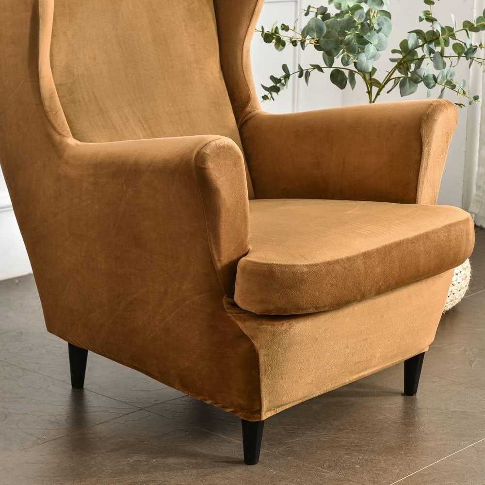 MIFXIN Wing Chair Slipcover 2 Piece Set Velvet Stretch Wingback Chair Cover with Cushion Cover Soft Washable Armchair Furniture Protector for Living Room Bedroom (Camel)
