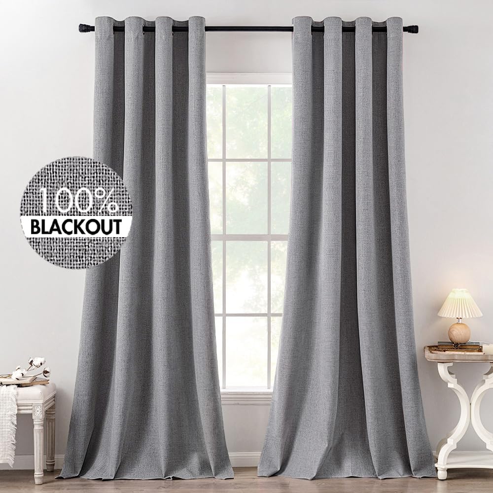 MIULEE 100% Blackout Linen Textured Curtains for Bedroom Solid Thermal Insulated Copper Brown Grommet Room Darkening Curtains & Drapes Luxury Decor for Living Room Nursery 52 x 84 Inch (2 Panels)