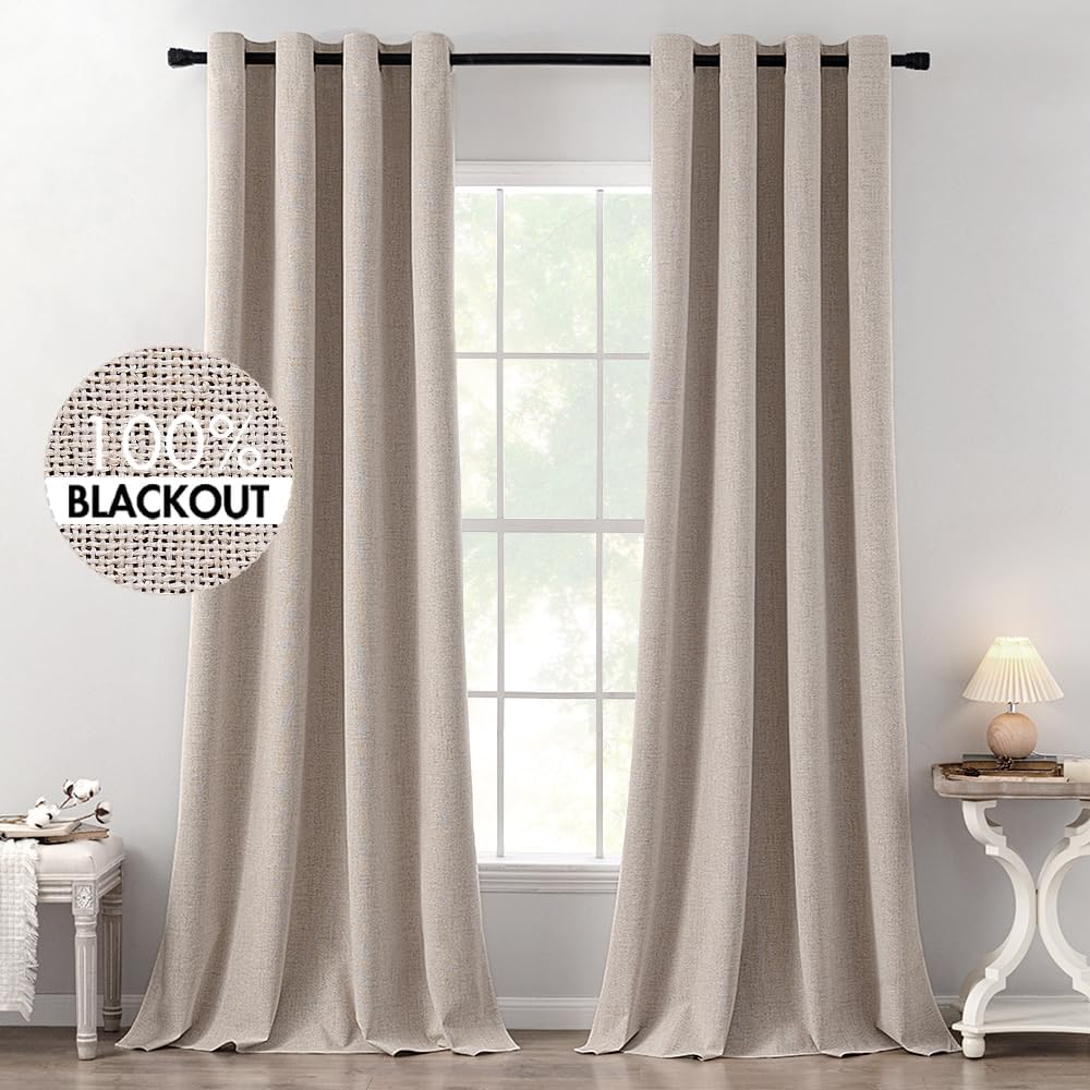 MIULEE 100% Blackout Linen Textured Curtains for Bedroom Solid Thermal Insulated Copper Brown Grommet Room Darkening Curtains & Drapes Luxury Decor for Living Room Nursery 52 x 84 Inch (2 Panels)