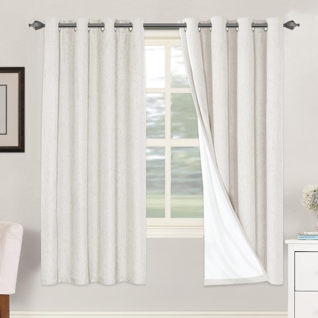 H.VERSAILTEX Blackout Curtains, Linen Curtains 108 inches Long 100% Black Out Curtains for Bedroom Windows, Textured Linen Look Draperies Grommet with White Liner, 2 Panels, Natural