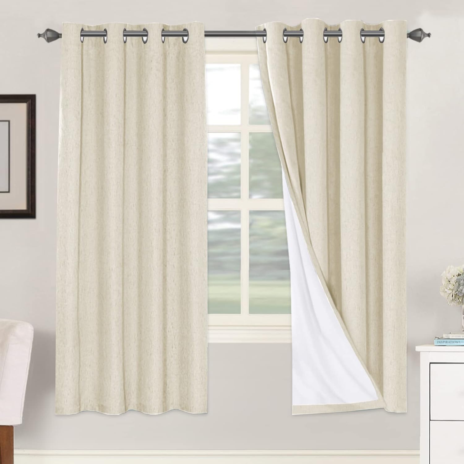 H.VERSAILTEX Blackout Curtains, Linen Curtains 108 inches Long 100% Black Out Curtains for Bedroom Windows, Textured Linen Look Draperies Grommet with White Liner, 2 Panels, Natural