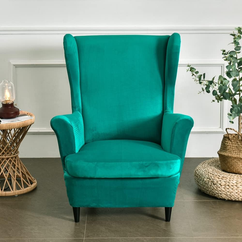 MIFXIN Wing Chair Slipcover 2 Piece Set Velvet Stretch Wingback Chair Cover with Cushion Cover Soft Washable Armchair Furniture Protector for Living Room Bedroom (Camel)