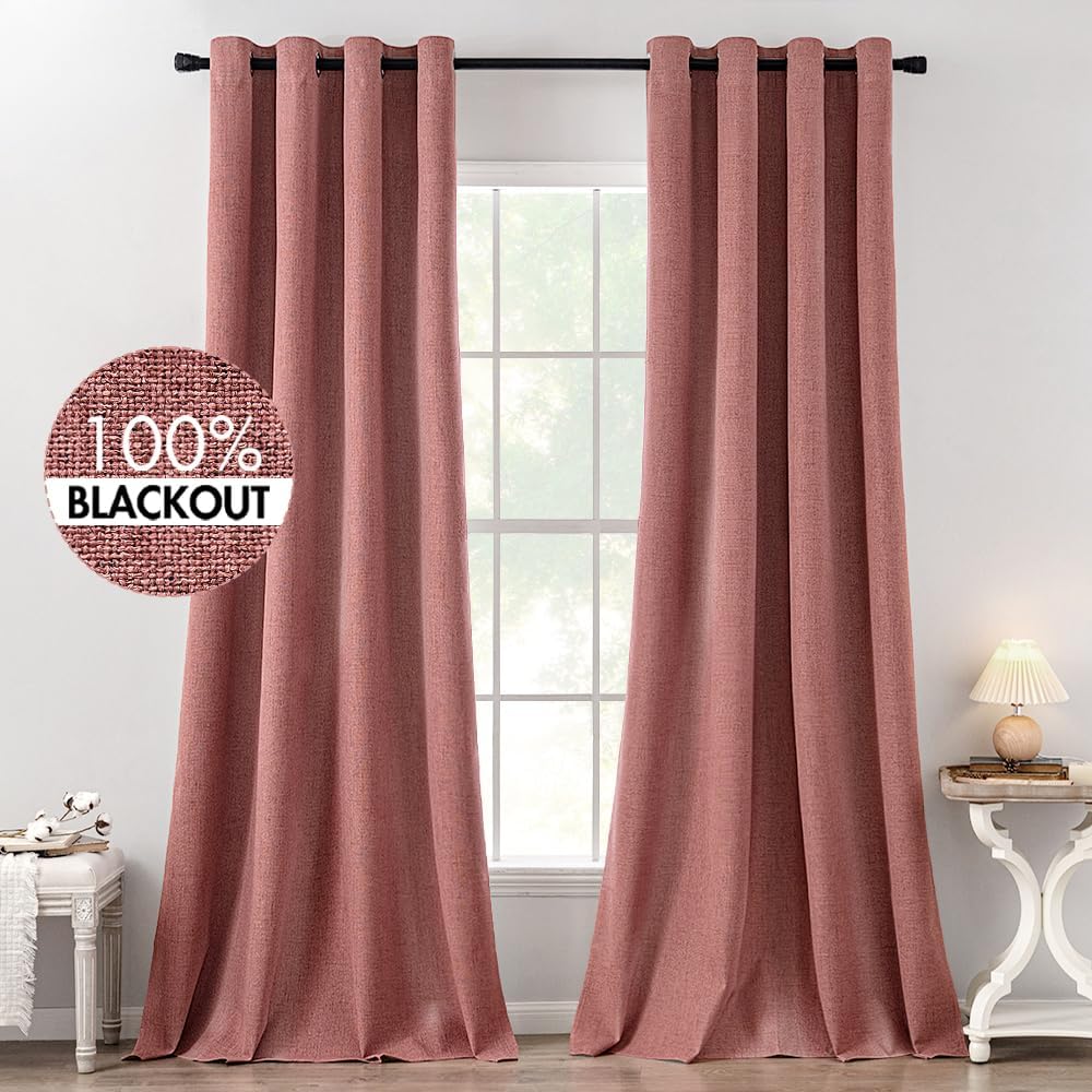 MIULEE 100% Blackout Linen Textured Curtains for Bedroom Solid Thermal Insulated Copper Brown Grommet Room Darkening Curtains & Drapes Luxury Decor for Living Room Nursery 52 x 84 Inch (2 Panels)