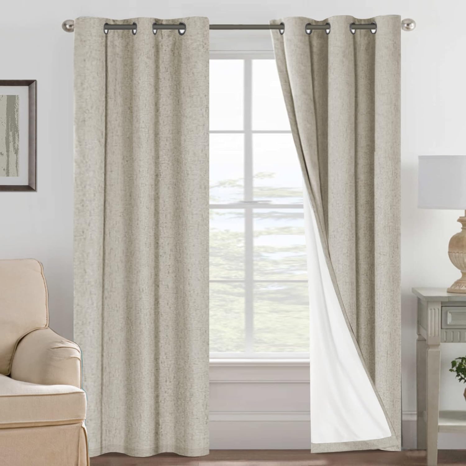 H.VERSAILTEX Blackout Curtains, Linen Curtains 108 inches Long 100% Black Out Curtains for Bedroom Windows, Textured Linen Look Draperies Grommet with White Liner, 2 Panels, Natural