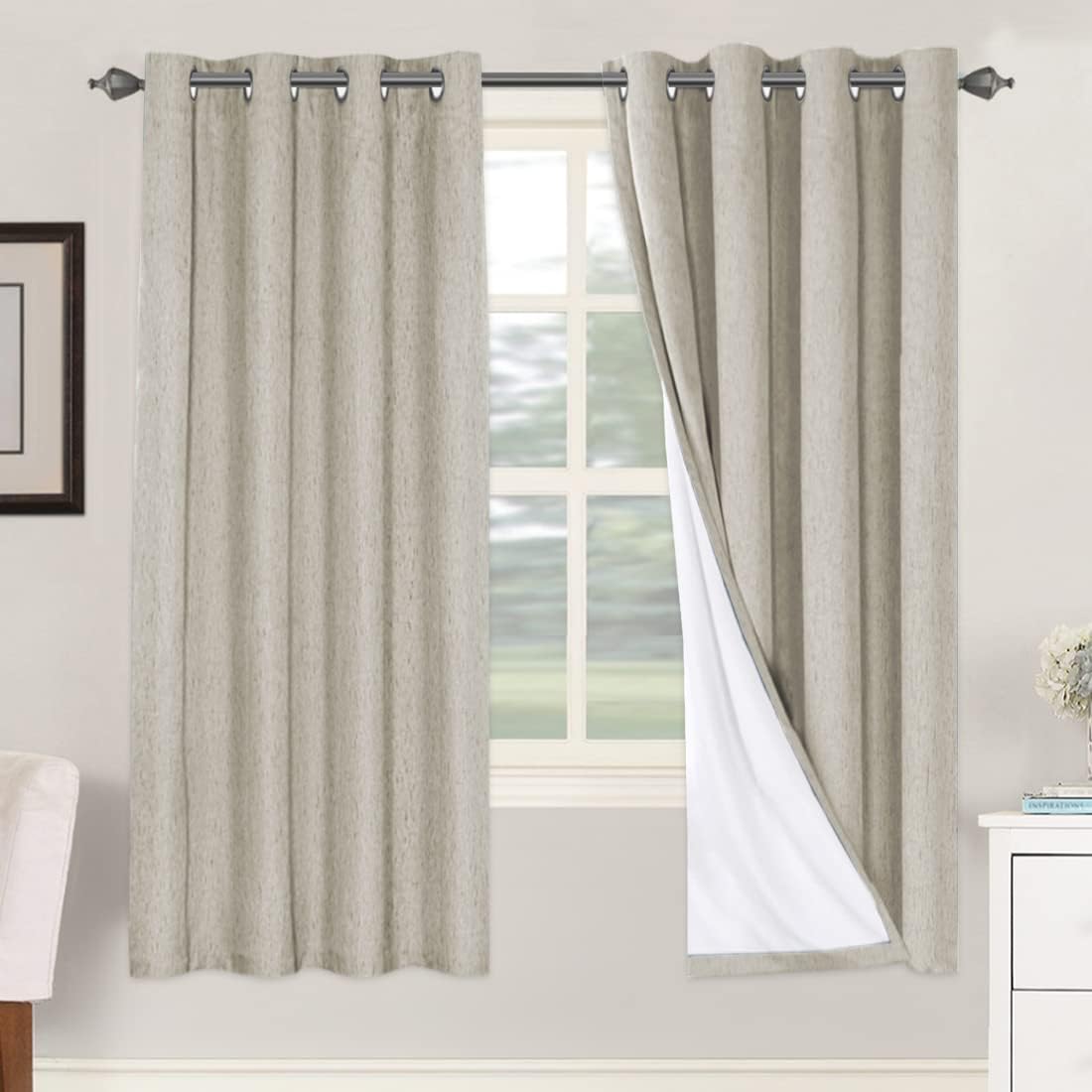 H.VERSAILTEX Blackout Curtains, Linen Curtains 108 inches Long 100% Black Out Curtains for Bedroom Windows, Textured Linen Look Draperies Grommet with White Liner, 2 Panels, Natural