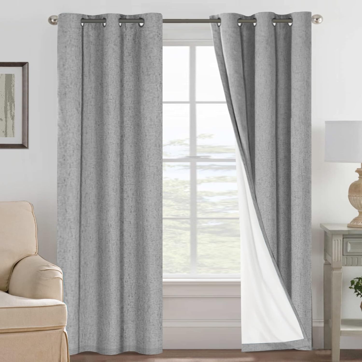 H.VERSAILTEX Blackout Curtains, Linen Curtains 108 inches Long 100% Black Out Curtains for Bedroom Windows, Textured Linen Look Draperies Grommet with White Liner, 2 Panels, Natural
