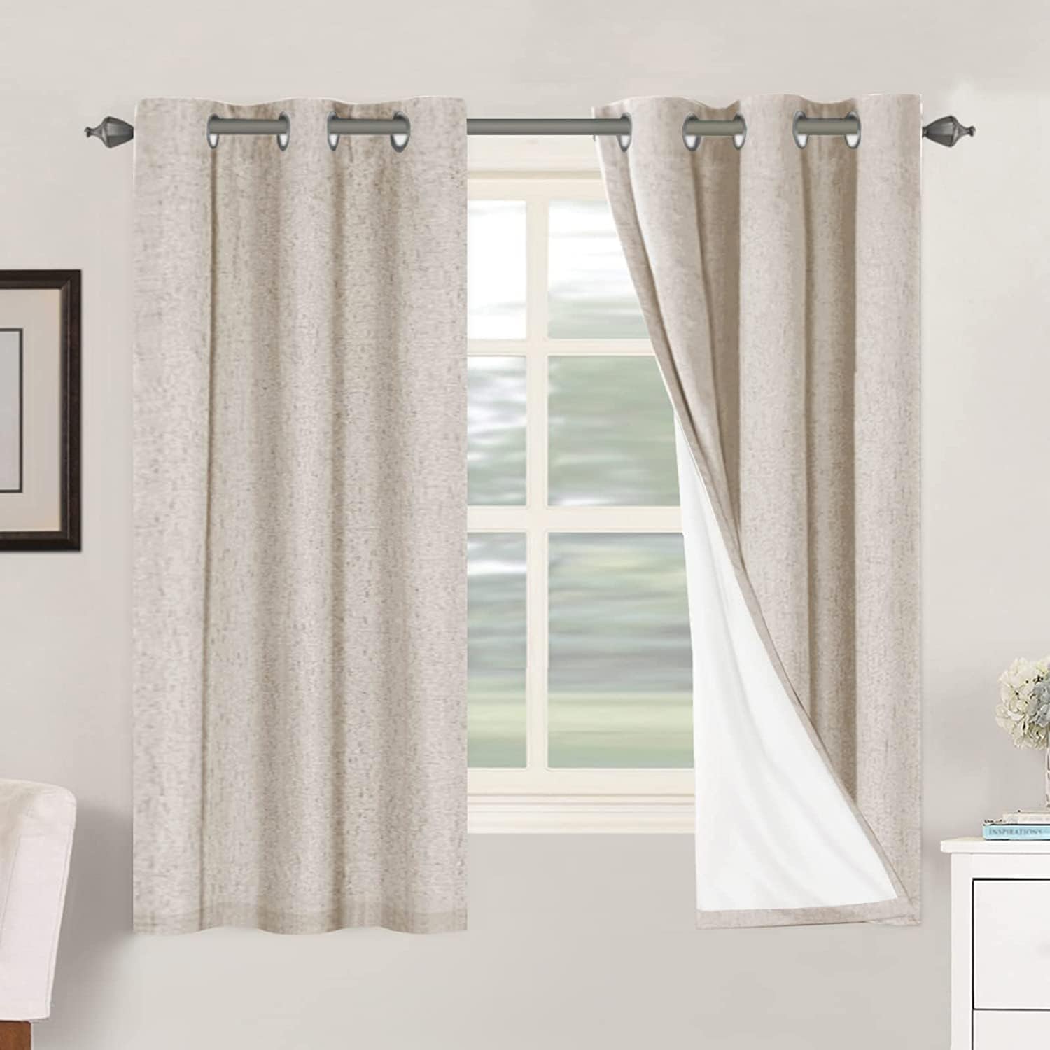 H.VERSAILTEX Blackout Curtains, Linen Curtains 108 inches Long 100% Black Out Curtains for Bedroom Windows, Textured Linen Look Draperies Grommet with White Liner, 2 Panels, Natural