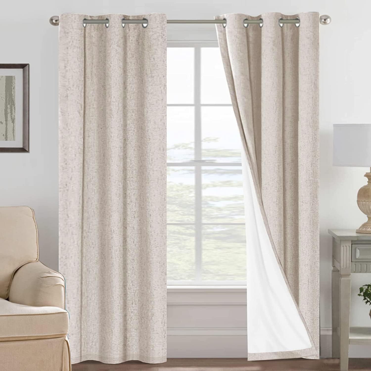 H.VERSAILTEX Blackout Curtains, Linen Curtains 108 inches Long 100% Black Out Curtains for Bedroom Windows, Textured Linen Look Draperies Grommet with White Liner, 2 Panels, Natural