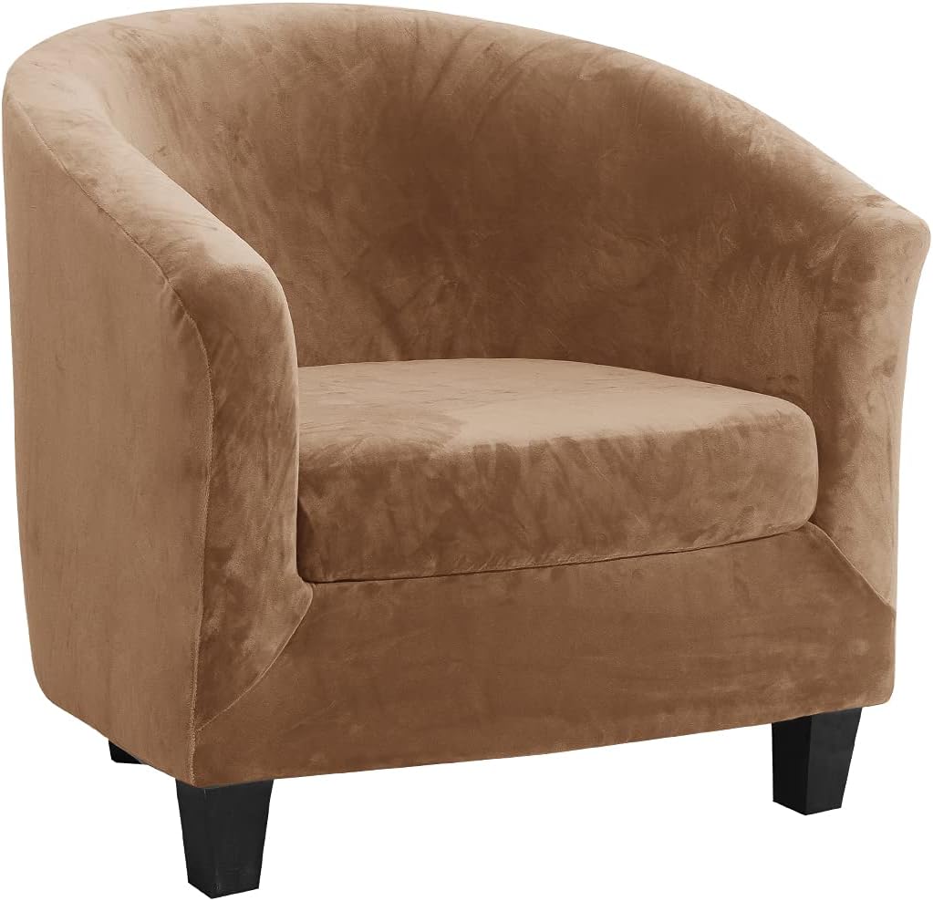 MIFXIN Tub Chair Slipcover 2-Piece Velvet Barrel Club Chair Covers with Cushion Cover Stretch Soft Washable Armchair Sofa Couch Furniture Protector for Living Room Hotel (Beige)