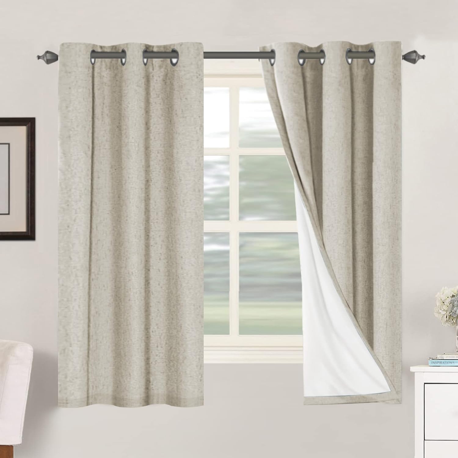 H.VERSAILTEX Blackout Curtains, Linen Curtains 108 inches Long 100% Black Out Curtains for Bedroom Windows, Textured Linen Look Draperies Grommet with White Liner, 2 Panels, Natural