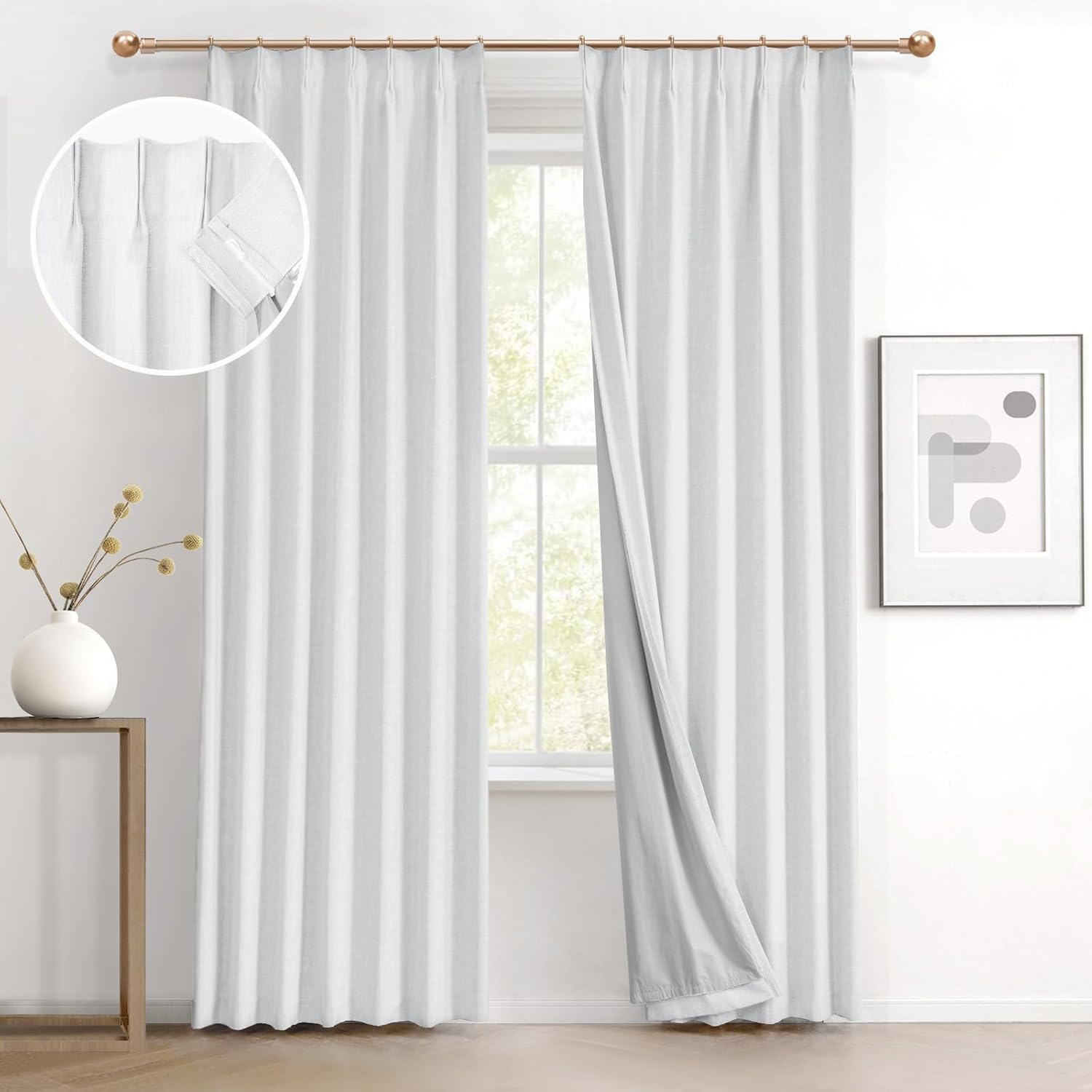 IVAPUPU Natural Pinch Pleated 100% Blackout Linen Curtains 90 Inch Length for Bedroom, Black Out Pinch Pleat Curtains for Living Dining Room Darkening Thermal Insulated Drapes with 16 Hooks, 2 Panels