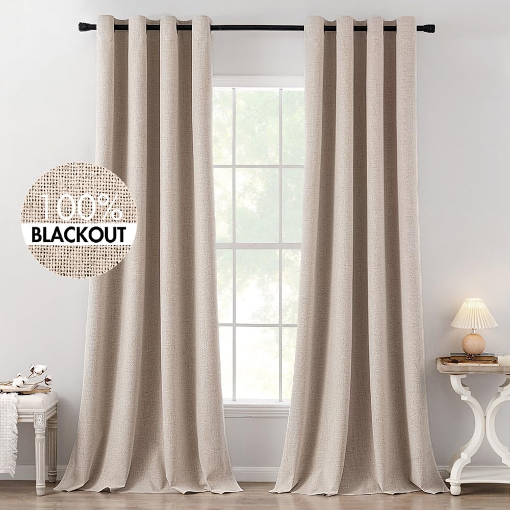MIULEE 100% Blackout Linen Textured Curtains for Bedroom Solid Thermal Insulated Copper Brown Grommet Room Darkening Curtains & Drapes Luxury Decor for Living Room Nursery 52 x 84 Inch (2 Panels)