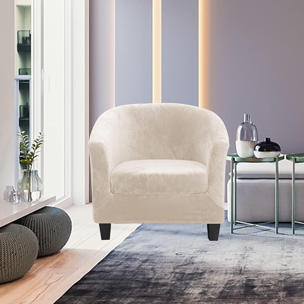 MIFXIN Tub Chair Slipcover 2-Piece Velvet Barrel Club Chair Covers with Cushion Cover Stretch Soft Washable Armchair Sofa Couch Furniture Protector for Living Room Hotel (Beige)