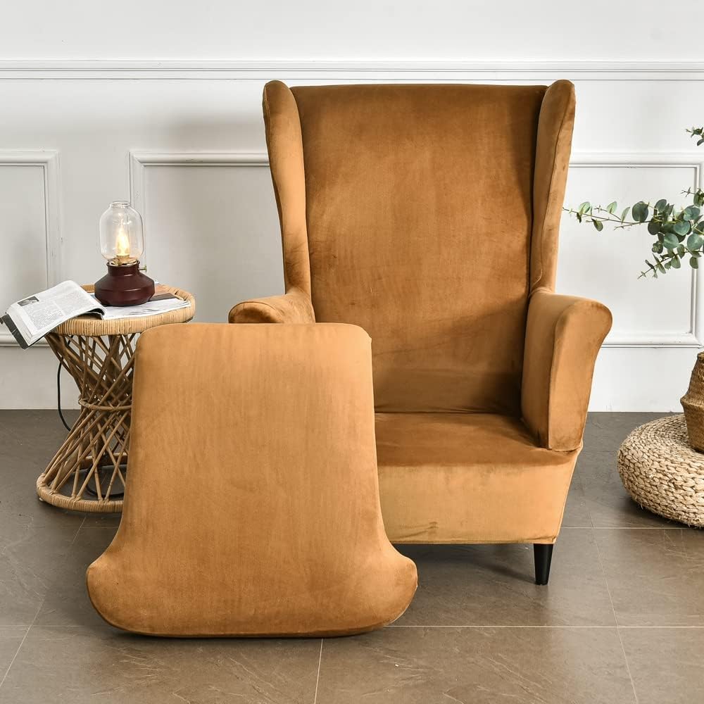 MIFXIN Wing Chair Slipcover 2 Piece Set Velvet Stretch Wingback Chair Cover with Cushion Cover Soft Washable Armchair Furniture Protector for Living Room Bedroom (Camel)