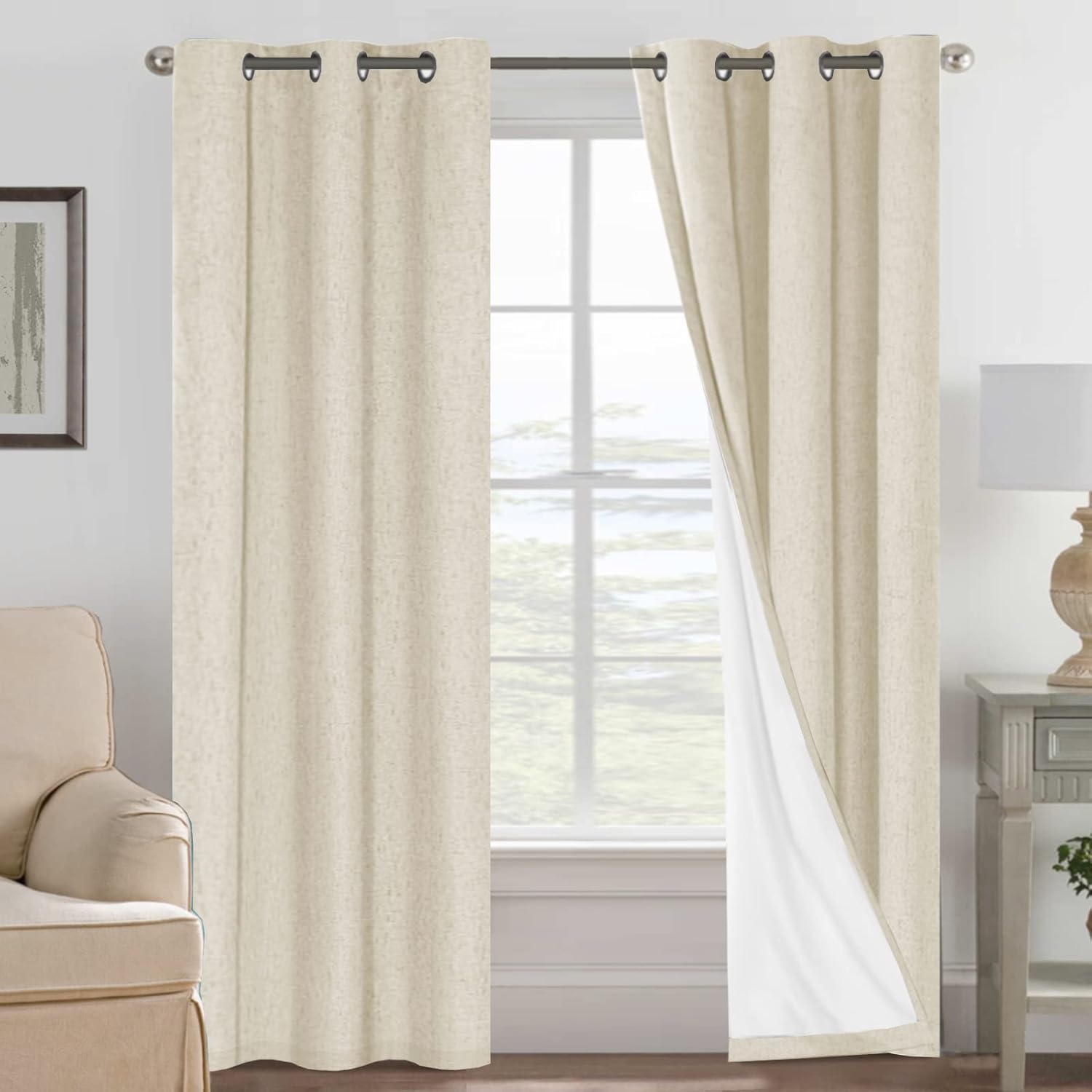 H.VERSAILTEX Blackout Curtains, Linen Curtains 108 inches Long 100% Black Out Curtains for Bedroom Windows, Textured Linen Look Draperies Grommet with White Liner, 2 Panels, Natural