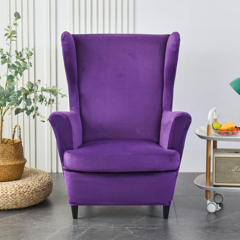 MIFXIN Wing Chair Slipcover 2 Piece Set Velvet Stretch Wingback Chair Cover with Cushion Cover Soft Washable Armchair Furniture Protector for Living Room Bedroom (Camel)