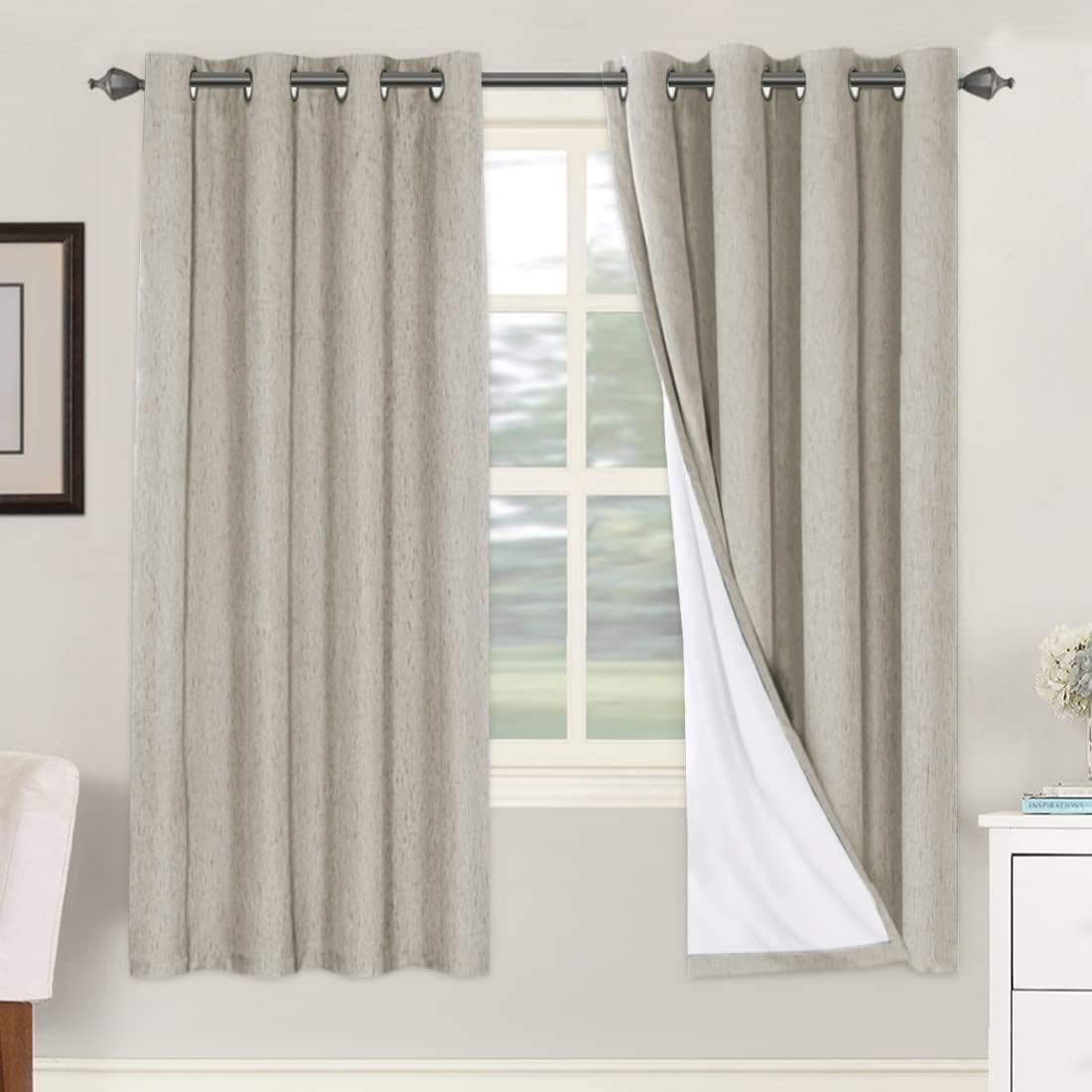 H.VERSAILTEX Blackout Curtains, Linen Curtains 108 inches Long 100% Black Out Curtains for Bedroom Windows, Textured Linen Look Draperies Grommet with White Liner, 2 Panels, Natural