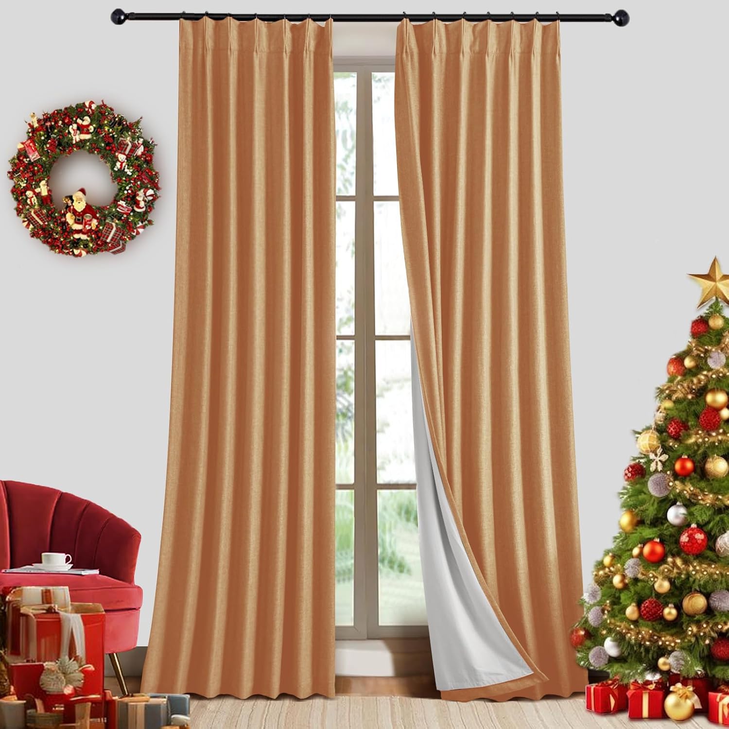 IVAPUPU Natural Pinch Pleated 100% Blackout Linen Curtains 90 Inch Length for Bedroom, Black Out Pinch Pleat Curtains for Living Dining Room Darkening Thermal Insulated Drapes with 16 Hooks, 2 Panels