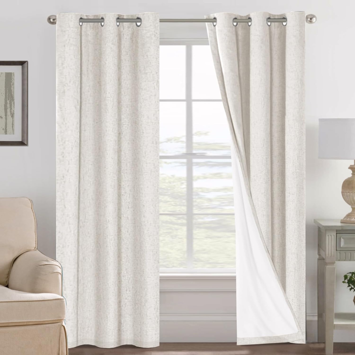 H.VERSAILTEX Blackout Curtains, Linen Curtains 108 inches Long 100% Black Out Curtains for Bedroom Windows, Textured Linen Look Draperies Grommet with White Liner, 2 Panels, Natural