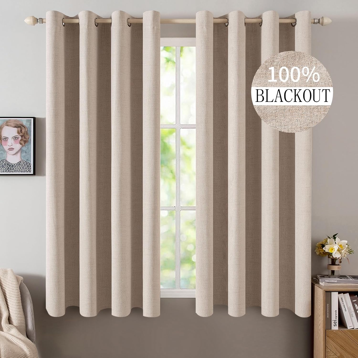 MIULEE 100% Blackout Linen Textured Curtains for Bedroom Solid Thermal Insulated Copper Brown Grommet Room Darkening Curtains & Drapes Luxury Decor for Living Room Nursery 52 x 84 Inch (2 Panels)
