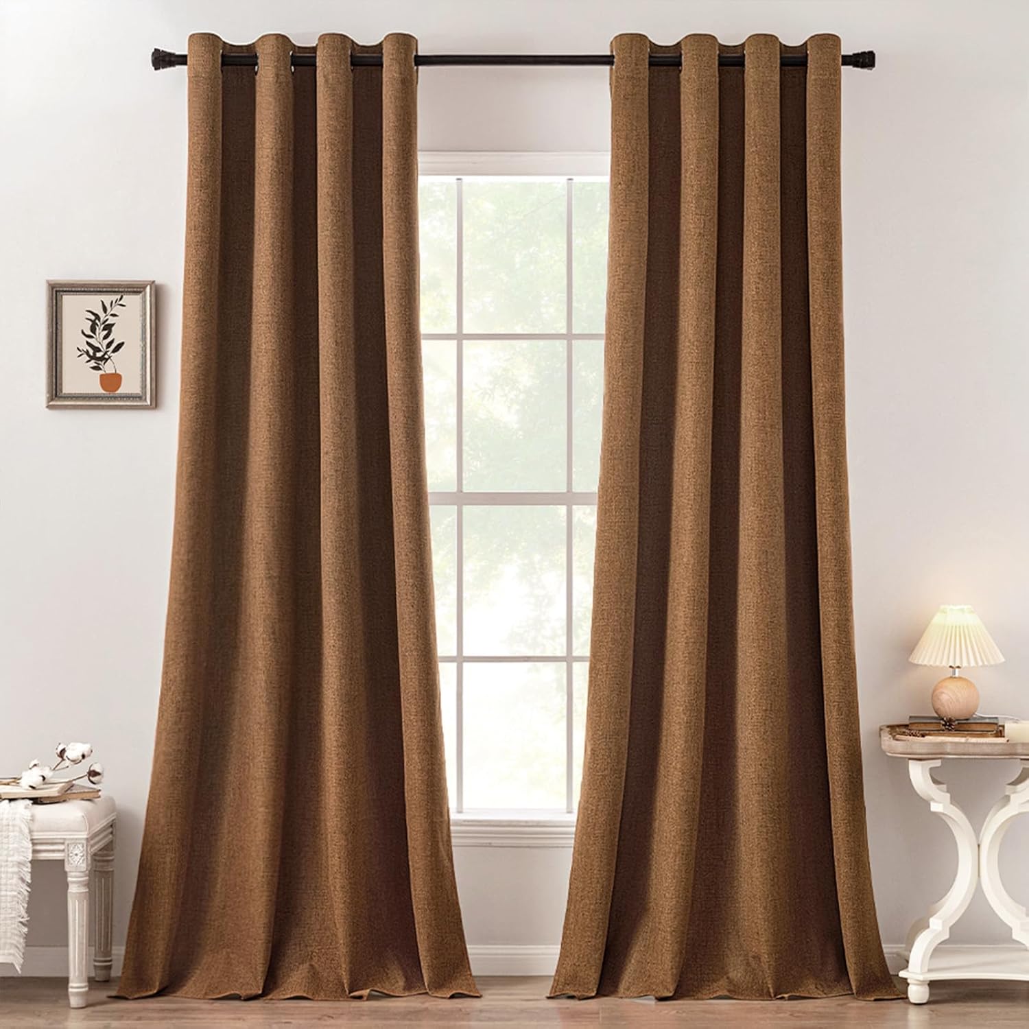 MIULEE 100% Blackout Linen Textured Curtains for Bedroom Solid Thermal Insulated Copper Brown Grommet Room Darkening Curtains & Drapes Luxury Decor for Living Room Nursery 52 x 84 Inch (2 Panels)