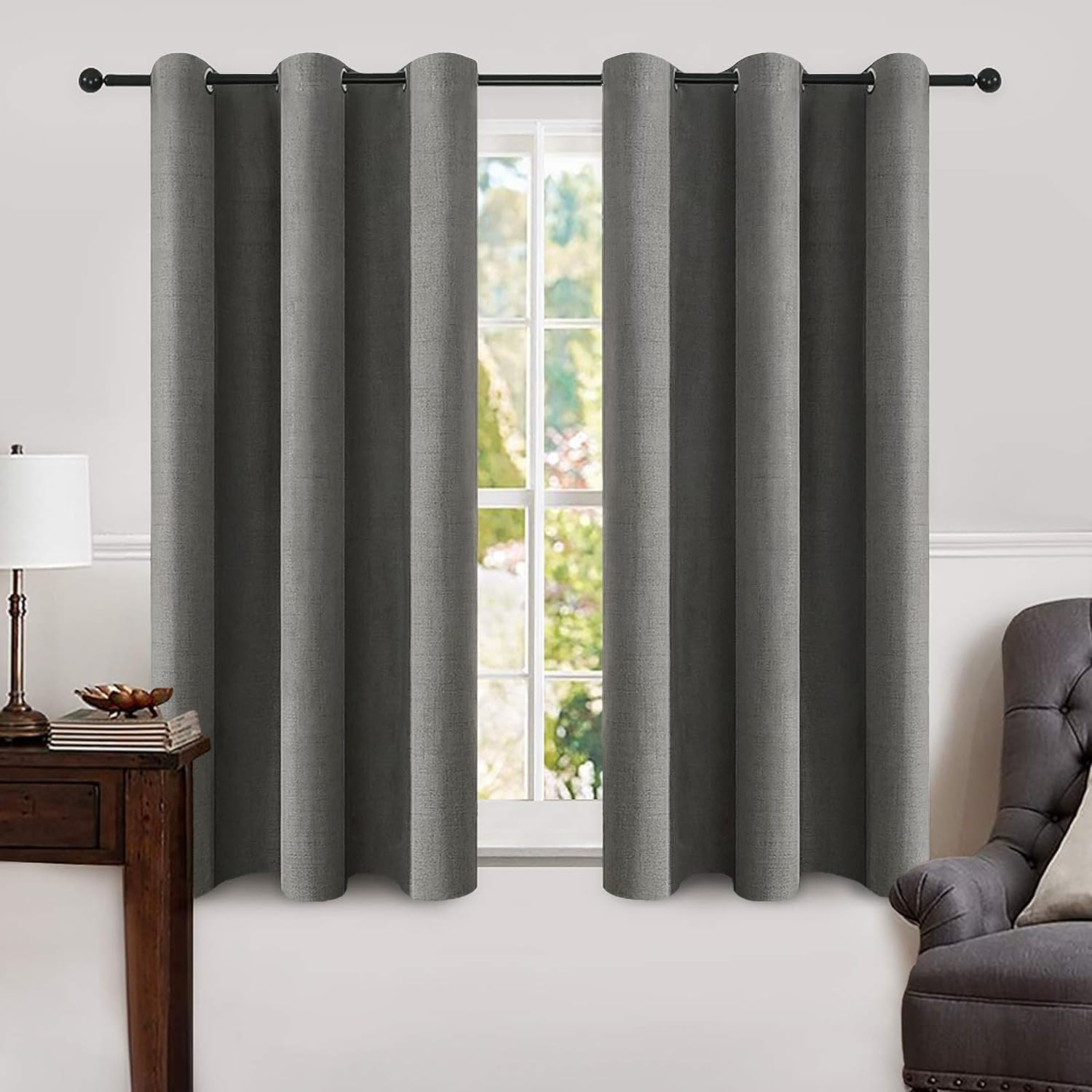 MIULEE 100% Blackout Linen Textured Curtains for Bedroom Solid Thermal Insulated Copper Brown Grommet Room Darkening Curtains & Drapes Luxury Decor for Living Room Nursery 52 x 84 Inch (2 Panels)