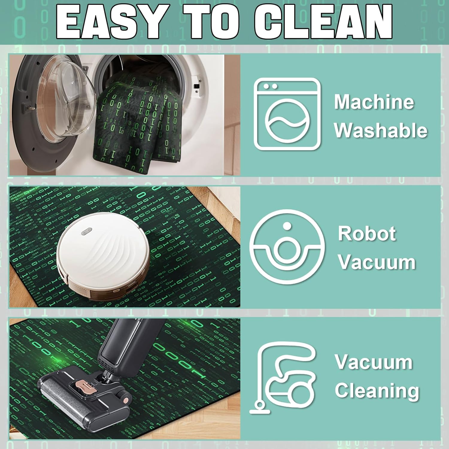 Washable Game Area Rug, Binary Code Design Gaming Programmer Teen Carpet Rug Doormat, Non-Slip Low-Pile Floor Carpet for Computer Bedroom Indoor Front Entrance Living Room Office (79" x 59")