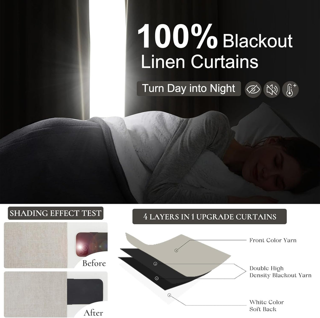 Black Out 96 Inch Long Boho Curtains 2 Panel Set, Farmhouse Curtains for Living Room Darkening/Thermal/Noise Reduction Textured Flax Linen Drape 8ft Hook&Ring Included Birch Off White 50"x96"