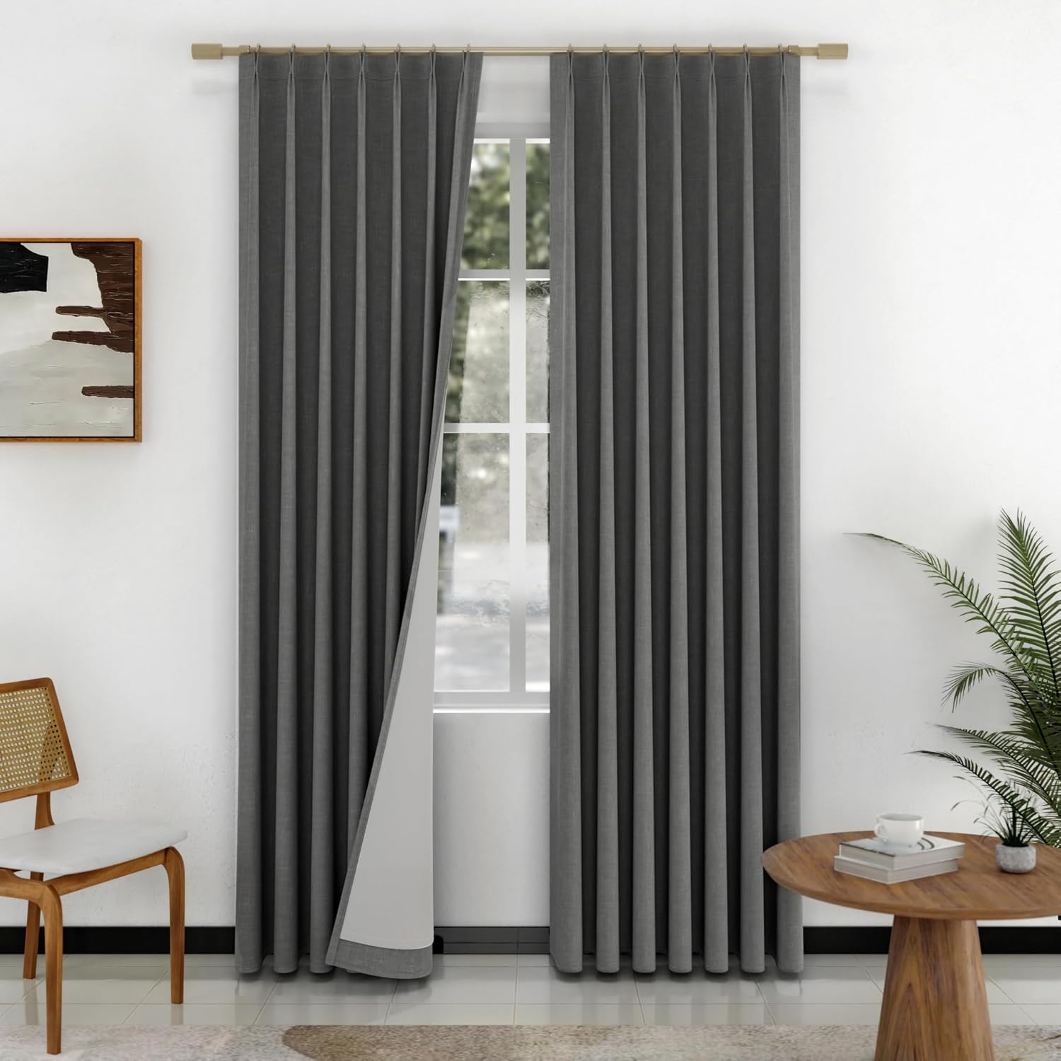 IVAPUPU Natural Pinch Pleated 100% Blackout Linen Curtains 90 Inch Length for Bedroom, Black Out Pinch Pleat Curtains for Living Dining Room Darkening Thermal Insulated Drapes with 16 Hooks, 2 Panels