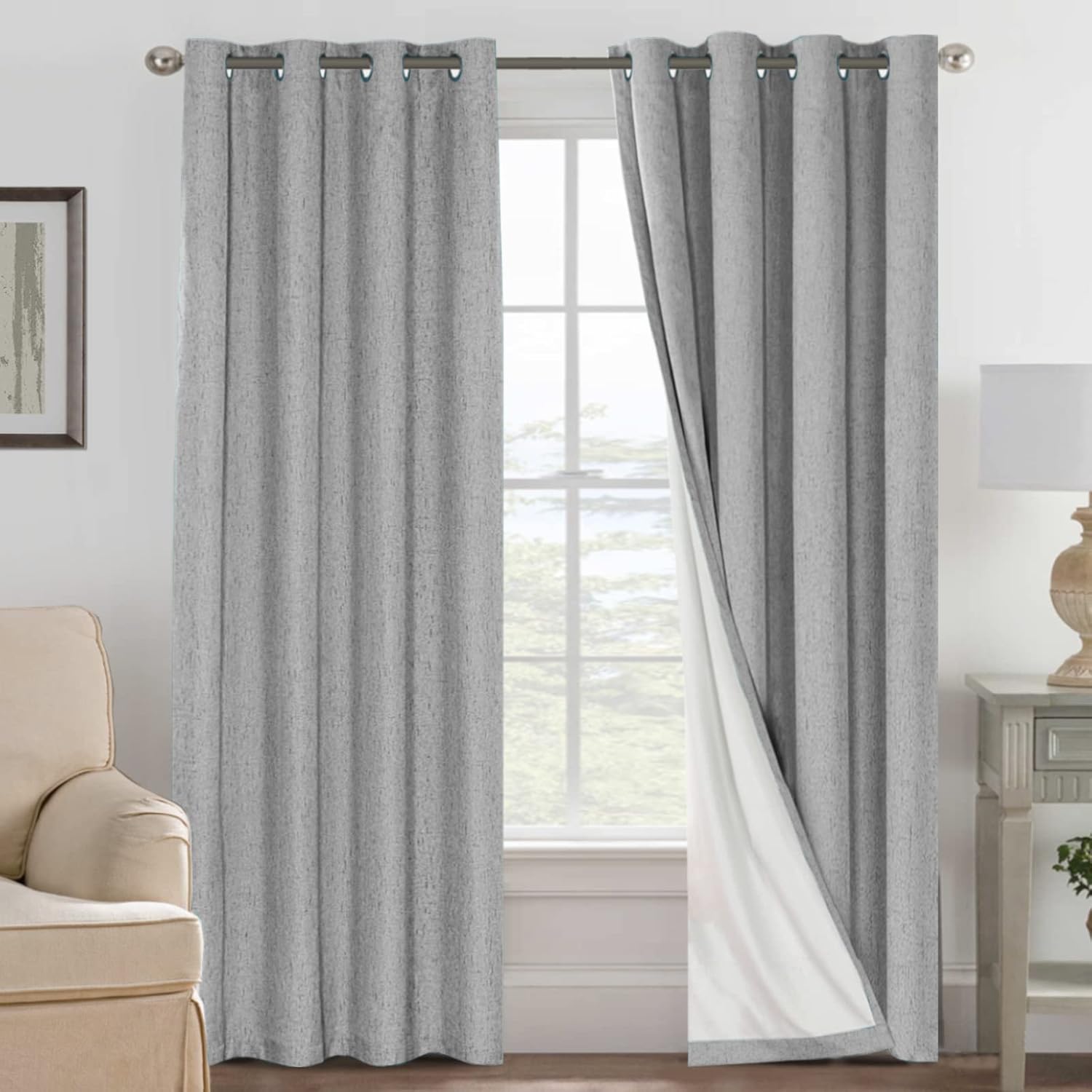 H.VERSAILTEX Blackout Curtains, Linen Curtains 108 inches Long 100% Black Out Curtains for Bedroom Windows, Textured Linen Look Draperies Grommet with White Liner, 2 Panels, Natural