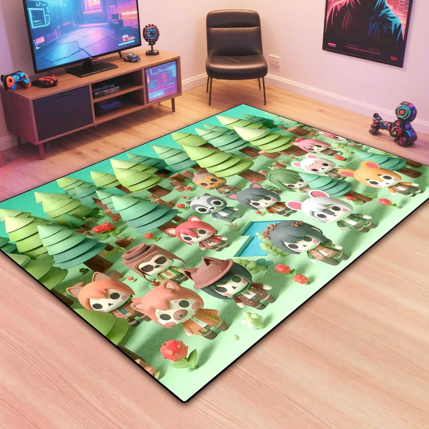 Block Game Rug Teen Kids Carpet, Pixel Games Scene Decoration Mat, Washable Cube Block Game Rugs for Boy’s Bedroom Living Room Playroom, Non-Slip Children Gaming Area Rugs (Green Village, 79" x 59")