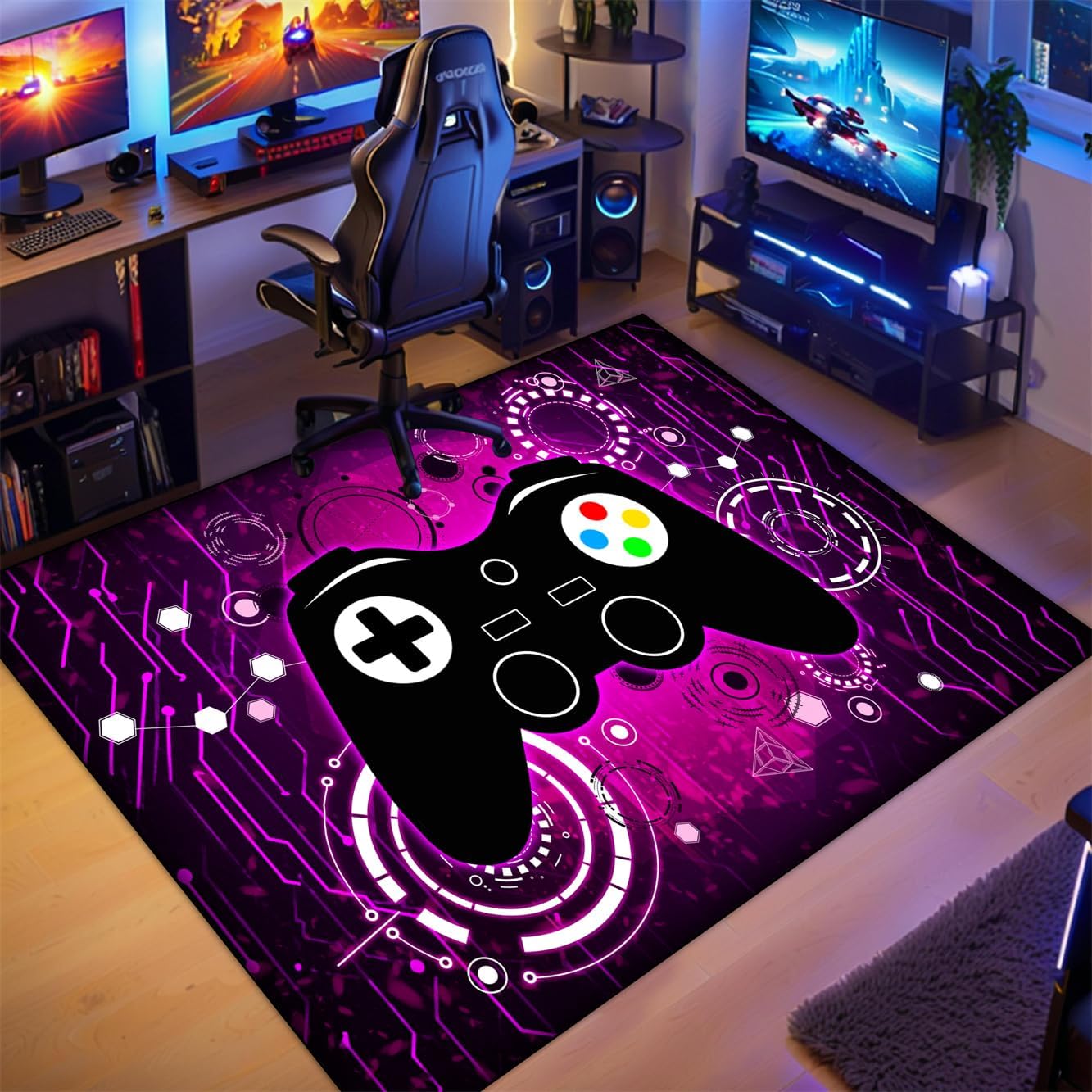 Gaming Area Rug for Boys Bedroom - Purple Gaming Carpet Rug for Kids Boys Room Video Games Carpet Gamepad Themed Rugs Kids Room Decor, 80 x 58 Inches