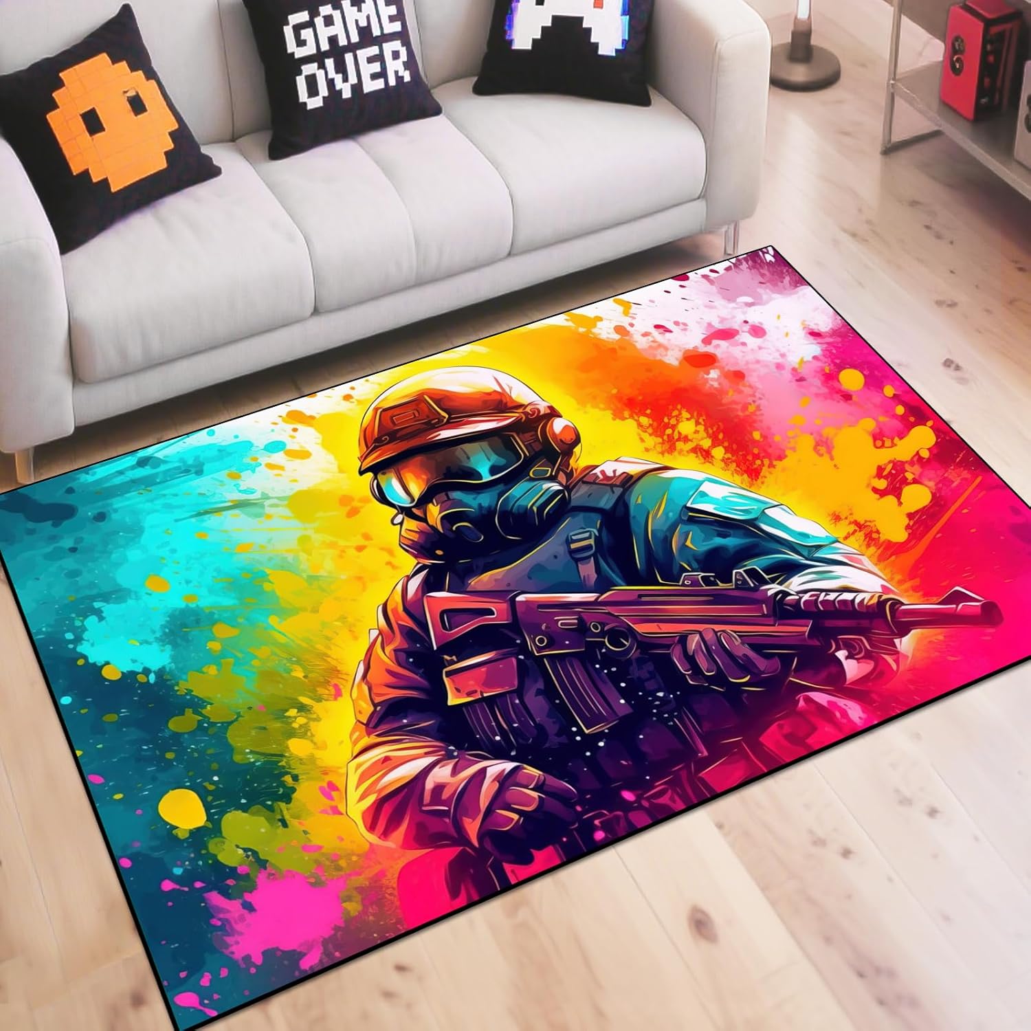 Shooting Gaming Area Rug Teen Boys Carpet, Battle Game Rug and Colorful Bomb Background War Design for Game Room, Gaming Room, Boys Girls Bedroom Playroom, Living Room (Running, 79" x 59")