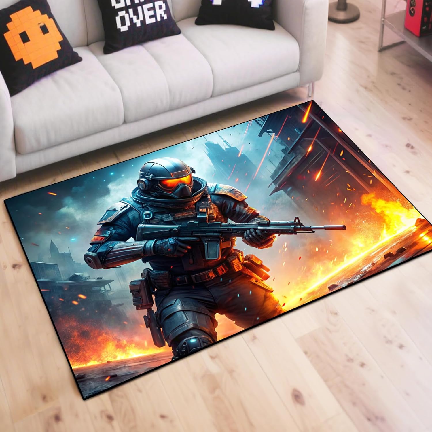 Shooting Gaming Area Rug Teen Boys Carpet, Battle Game Rug and Colorful Bomb Background War Design for Game Room, Gaming Room, Boys Girls Bedroom Playroom, Living Room (Running, 79" x 59")