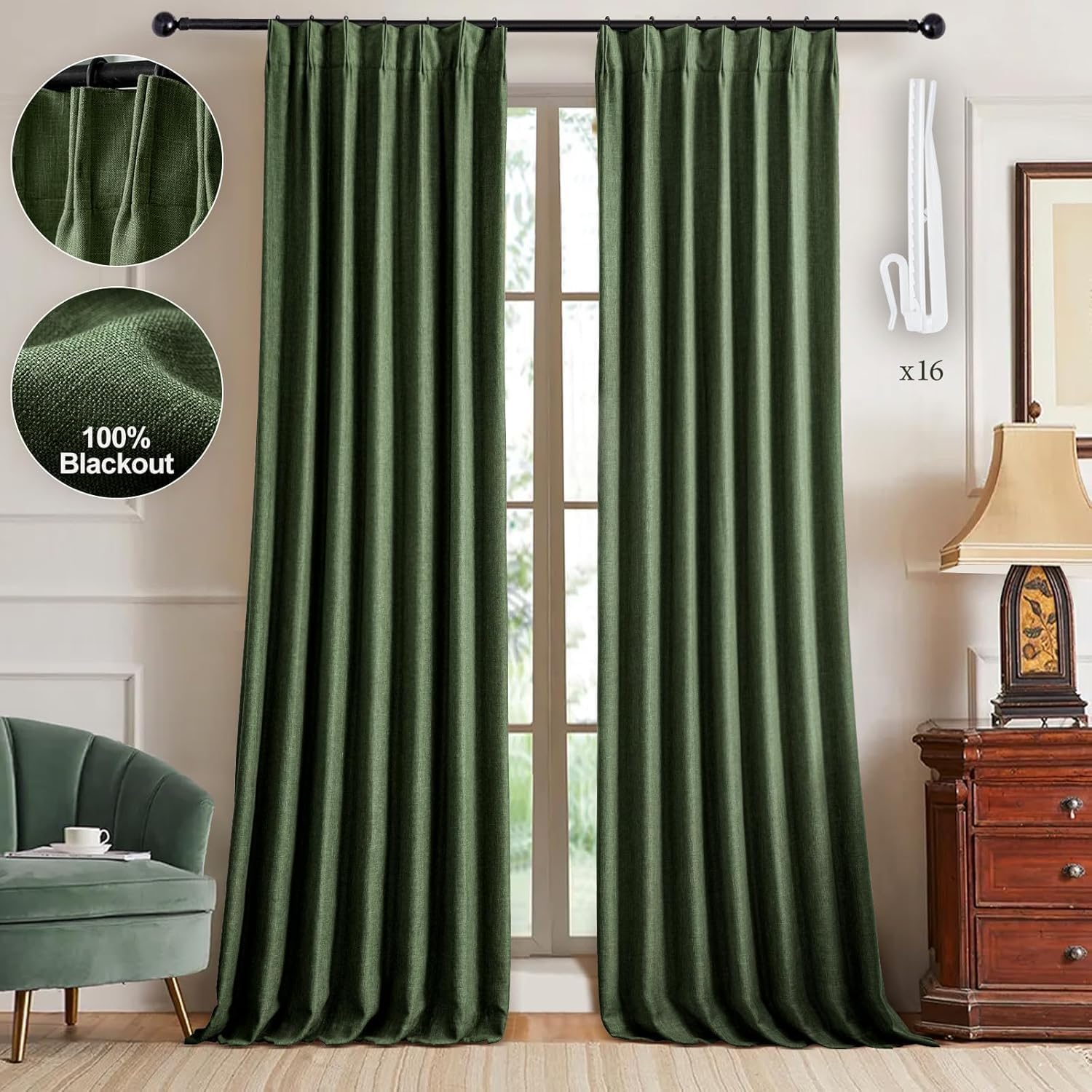 IVAPUPU Natural Pinch Pleated 100% Blackout Linen Curtains 90 Inch Length for Bedroom, Black Out Pinch Pleat Curtains for Living Dining Room Darkening Thermal Insulated Drapes with 16 Hooks, 2 Panels