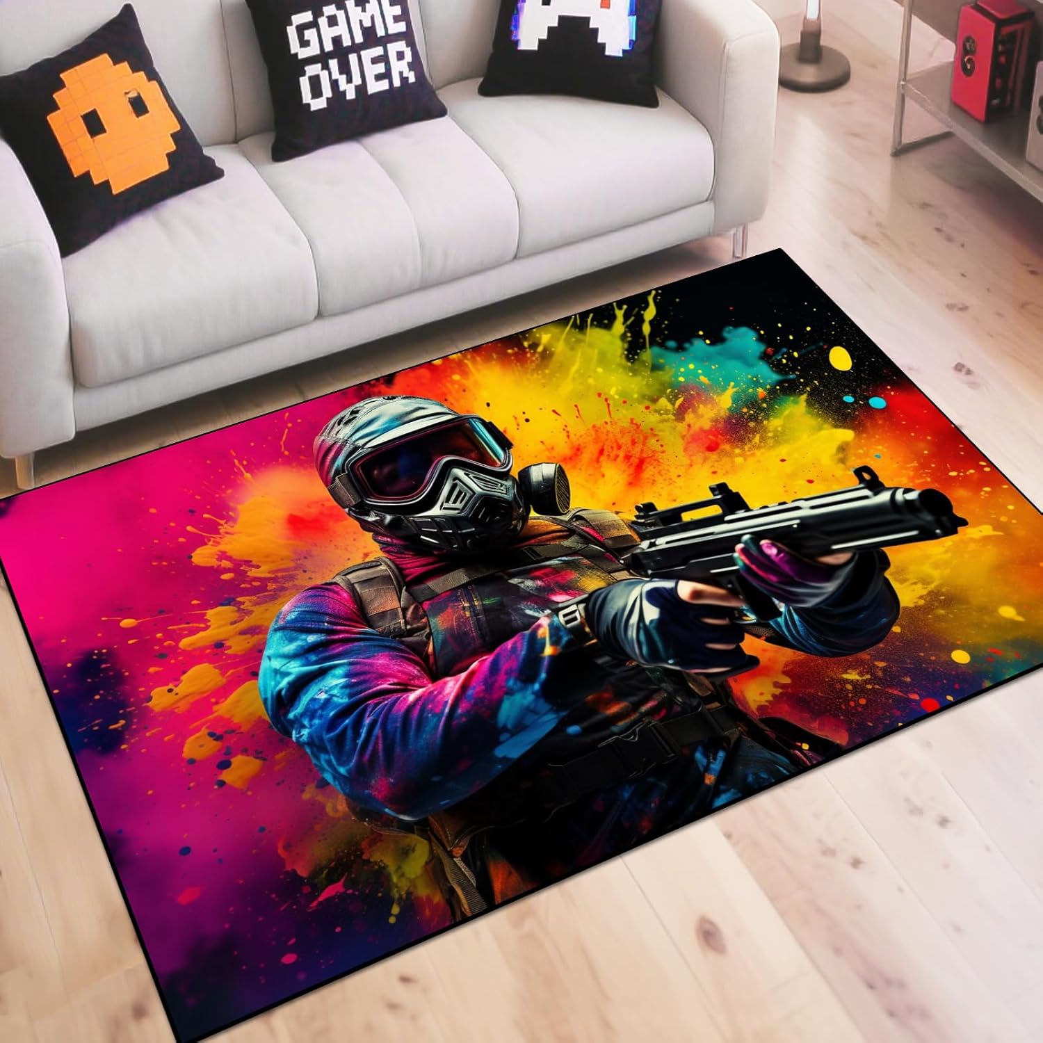 Shooting Gaming Area Rug Teen Boys Carpet, Battle Game Rug and Colorful Bomb Background War Design for Game Room, Gaming Room, Boys Girls Bedroom Playroom, Living Room (Running, 79" x 59")